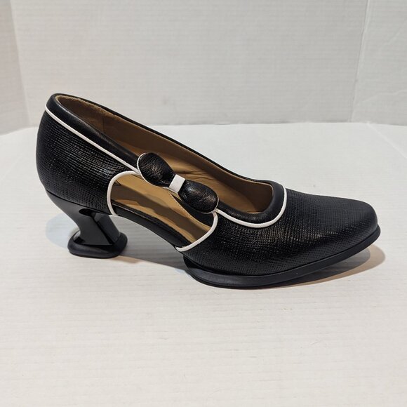 John Fluevog Sole Talk Black white Anodea Heels Side Bow 10 New And Unworn - Picture 9 of 10